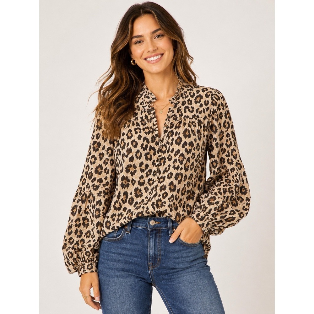 J.Crew Re-Imagined Leopard Print Ruffle Neck Blouse Womens Small Boho Top‎